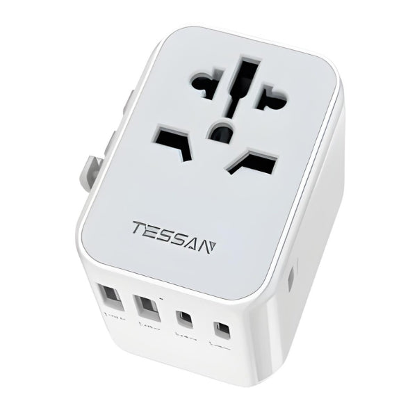 Adaptador de tomada internacional USB e Tipo C, acessório essencial para viajantes conectados.
