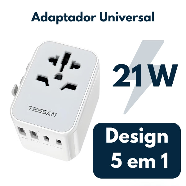 Adaptador de tomada para viagens com carregamento simultâneo via USB e Tipo C.
