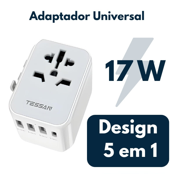Adaptador de tomada portátil com USB e Tipo C, solução prática para viagens internacionais.
