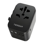 Adaptador universal de tomadas para viagens com portas USB e Tipo C, compatível com padrões internacionais.
