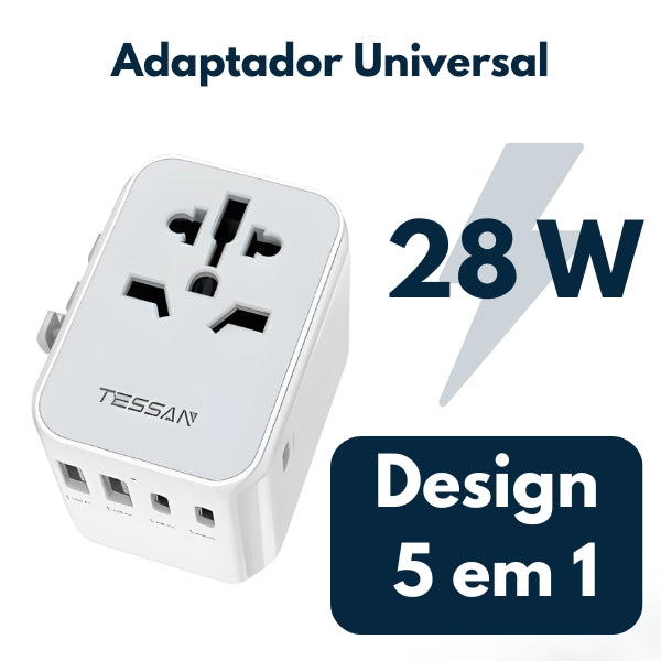 Adaptador universal de viagem com múltiplos padrões de tomada e proteção contra sobrecarga.
