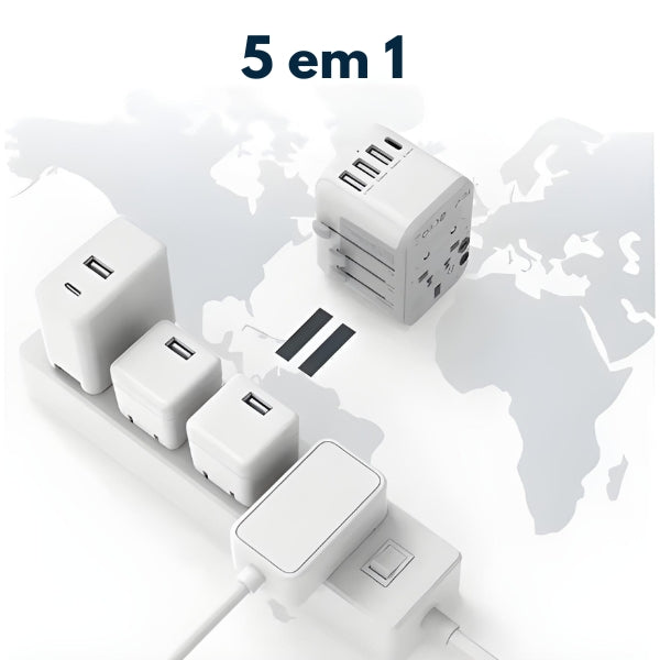Adaptador universal internacional compacto, perfeito para uso em viagens e deslocamentos profissionais.
