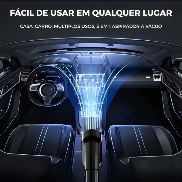 Aspirador de mão CycloneJet, ideal para remover poeira e migalhas no carro, alcançando os cantos mais difíceis com eficiência.