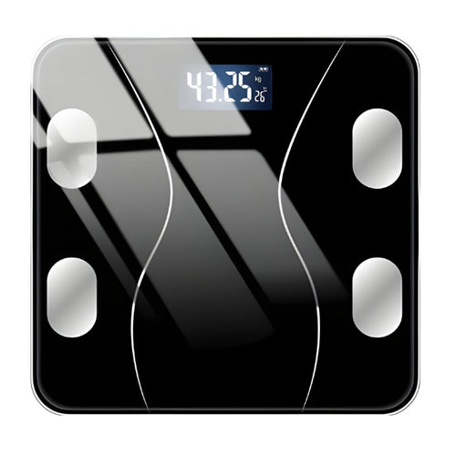 Balança Digital BodySense Nomanni inteligente em vidro temperado com medição corporal completa, conexão bluetooth e alta precisão para monitoramento da saúde.
