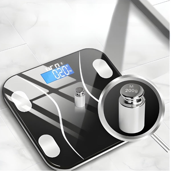 Balança corporal inteligente Nomanni com tecnologia de bioimpedância, ideal para medir peso, gordura corporal, massa muscular e acompanhar evolução física.
