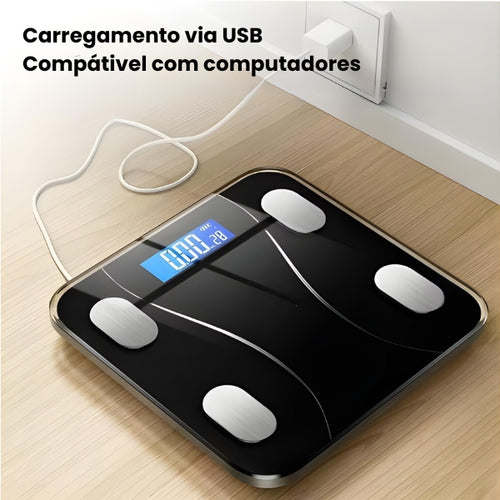 Balança inteligente BodySense Nomanni com sensores de alta precisão, monitoramento corporal completo e integração via bluetooth para acompanhamento da saúde.
