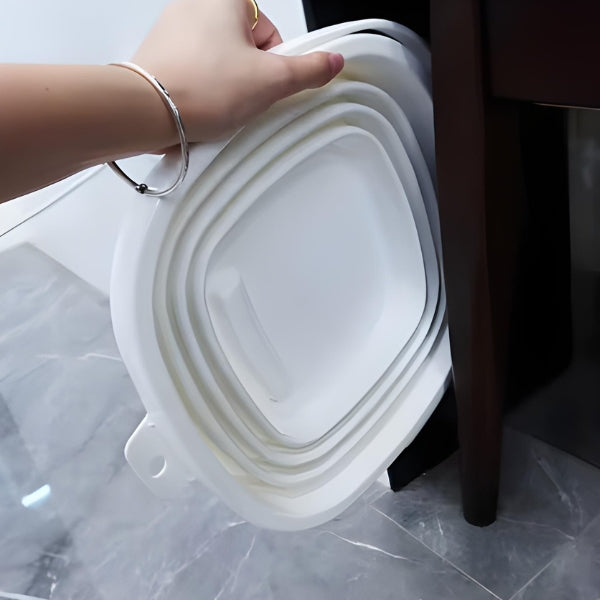 Balde de silicone FlexiBox Nomanni dobrável, leve, durável e versátil para banheiro, cozinha, carro e atividades externas.
