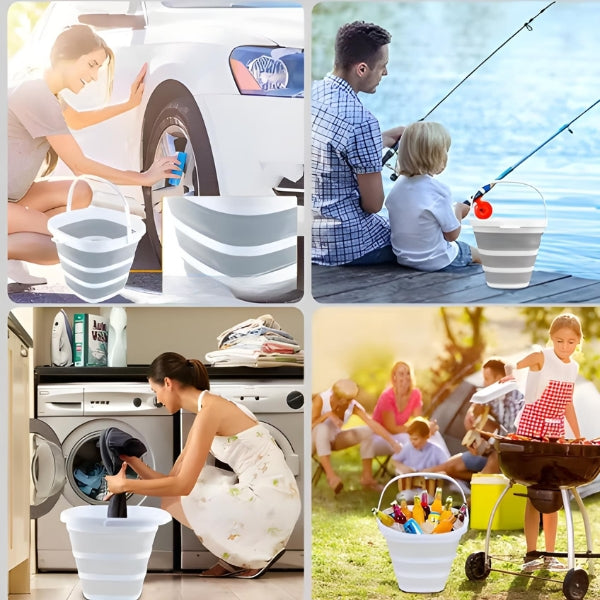 Balde dobrável multiuso 10L em silicone, solução prática e moderna para quem busca portabilidade e organização.