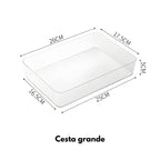 Caixa organizadora de plástico PET cristal, resistente e transparente, facilita a visualização de tudo o que está guardado.

