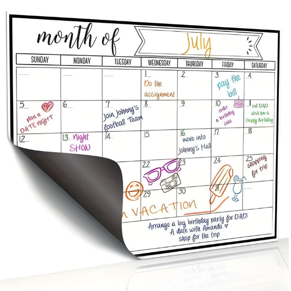 Calendário magnético apagável com visual mensal claro, perfeito para planejamento doméstico e home office.
