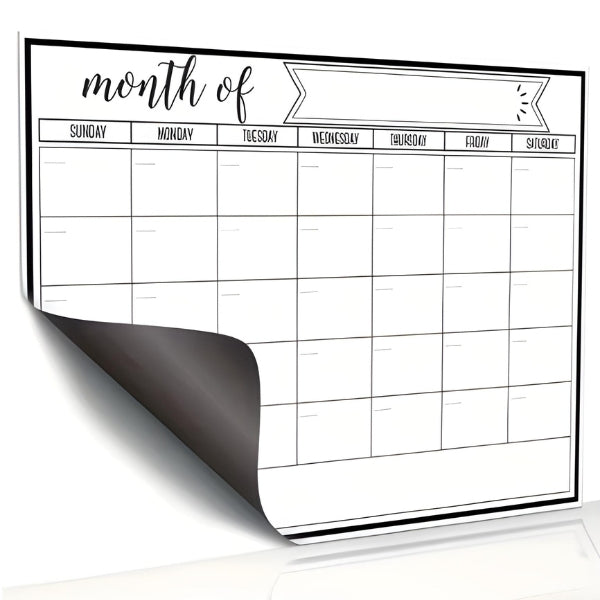 Calendário magnético mensal reutilizável para geladeira, ideal para organização de compromissos e rotina diária.
