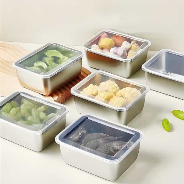 Conjunto SteelBox Fresh com 3 potes inox retangulares e tampa hermética. Ideal para armazenar alimentos com segurança e praticidade.