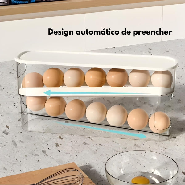 Design duplo e compacto do Porta-Ovos RollMax facilita o armazenamento de ovos com fácil acesso e proteção contra quebras.