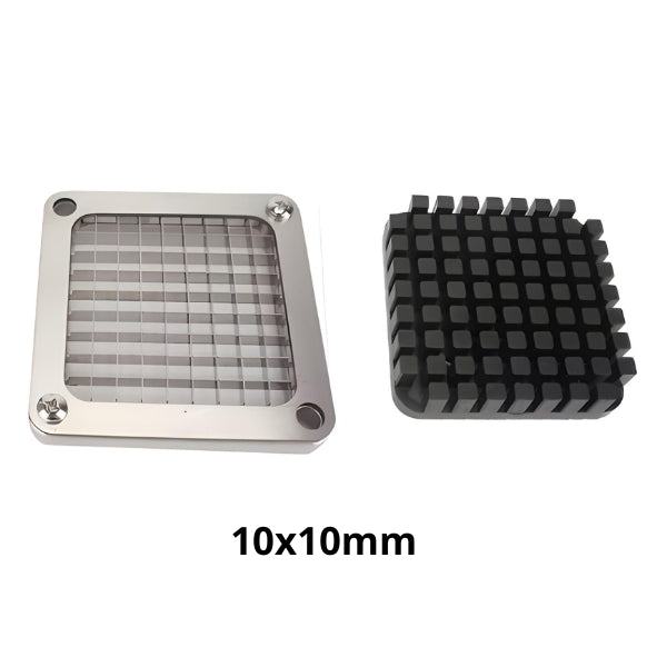 Detalhe das lâminas de aço inox do CortaFácil Inox Pro para cortes uniformes de batatas e vegetais com três opções de espessura.