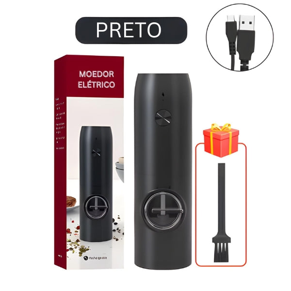 Detalhe do botão de acionamento do moedor elétrico de pimenta com uso por uma mão