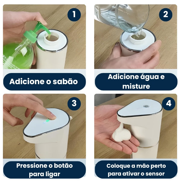Dispenser de sabão com sensor infravermelho, instalação simples e uso intuitivo, indicado para casas, escritórios e lavabos modernos.