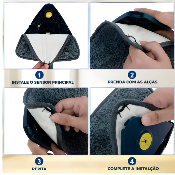 Esfregão Triangular Spin360 com panos de microfibra reutilizáveis que removem sujeira com eficiência e são fáceis de lavar.