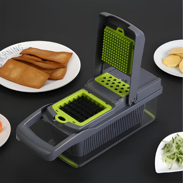 Exemplo dos diferentes tipos de corte que o Fatiador MasterChef 14 em 1 realiza, como cubos perfeitos, fatias finas e tiras uniformes.