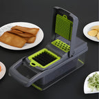 Exemplo dos diferentes tipos de corte que o Fatiador MasterChef 14 em 1 realiza, como cubos perfeitos, fatias finas e tiras uniformes.