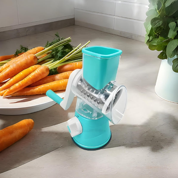 Inclui 3 lâminas de aço inoxidável: fatiadora, raladora e trituradora. Perfeito para preparar saladas, queijos e vegetais variados.