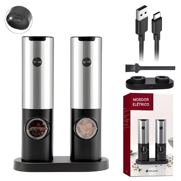 Kit Moedor Elétrico DuoGrind com 2 unidades inox, base carregadora e cabo USB