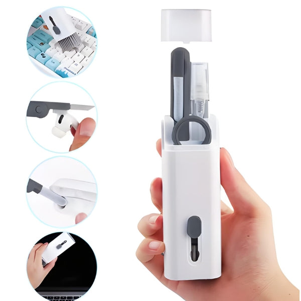 Kit de Limpeza 7 em 1 Nomanni para teclados, fones e telas. Compacto e eficiente, ideal para manter seus eletrônicos sempre novos.