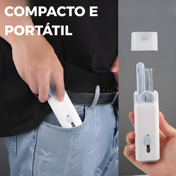 Kit de Limpeza Nomanni 7 em 1. Escova, extrator de teclas e esponja para telas em um só produto. Praticidade e higiene no dia a dia.