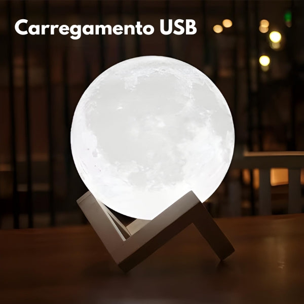Luminária Lua 3D recarregável com luz LED suave, perfeita para decoração elegante em salas, quartos e home office.
