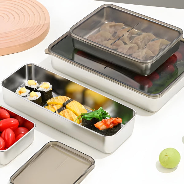 MaxSteel FreshBox pote inox retangular com tampa hermética – armazenamento seguro e durável para alimentos frescos.