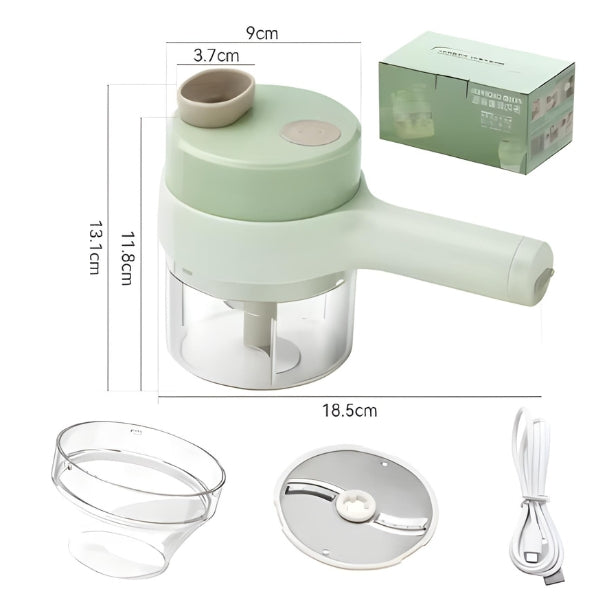 Mini processador elétrico 4 em 1 recarregável com lâminas afiadas e corte rápido. Ideal para legumes, alho, frutas e preparo diário na cozinha.