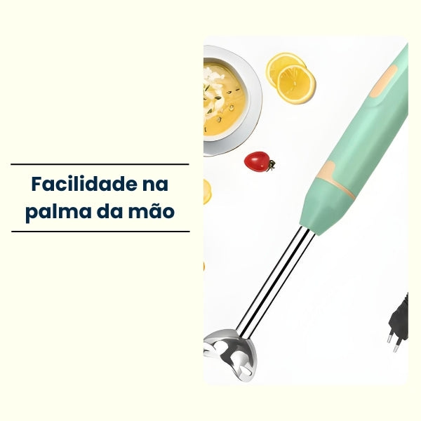 Mixer de Mão Gourmet Nomanni verde menta com haste em aço inox, ideal para preparar molhos e sopas com rapidez e elegância.