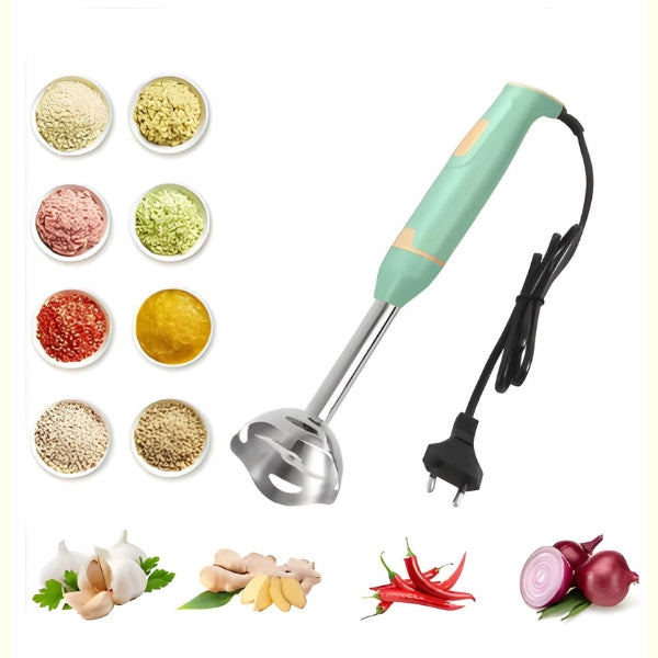 Mixer de mão elétrico Nomanni ao lado de ingredientes frescos, demonstrando sua versatilidade no preparo de refeições saudáveis.