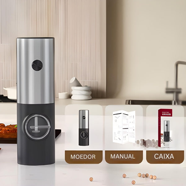 Moedor elétrico DuoGrind em uso durante preparo culinário com pimenta moída na hora