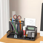 Organizador de mesa metálico com múltiplos compartimentos para escritório e home office.