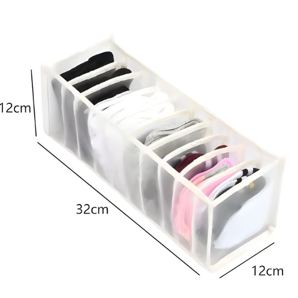 Organizador para gavetas com estrutura de nylon e grades. Perfeito para manter roupas íntimas visíveis e separadas.

