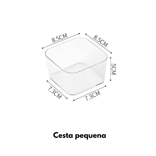 Organizador transparente para maquiagem, perfeito para manter pincéis, batons e acessórios bem distribuídos em bancadas ou gavetas.