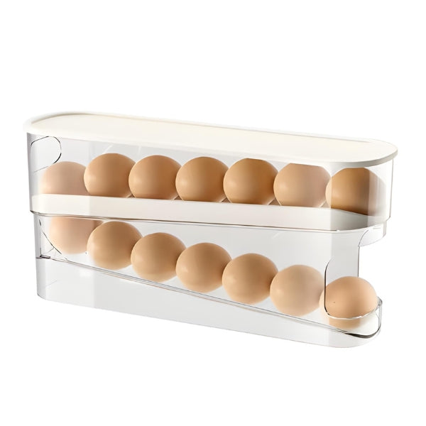 Porta-Ovos RollMax Duplo com rolagem automática para organização prática e segura de ovos na geladeira, economizando espaço.