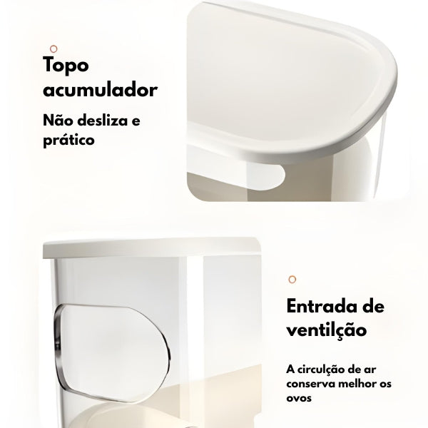 Porta-Ovos automático com sistema de rolagem que mantém os ovos sempre à frente, ideal para uso doméstico e profissional.