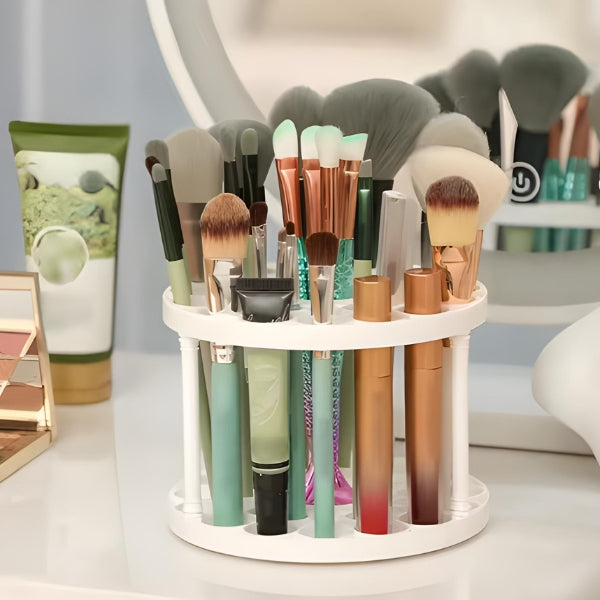 Porta pincéis de maquiagem 360° BrushSpin Nomanni, estrutura resistente com múltiplos compartimentos para armazenar pincéis profissionais e acessórios de beleza.
