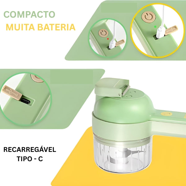 Processador portátil com carregamento USB tipo C. Prático, moderno e eficiente para uso diário. Perfeito para cozinhas compactas.