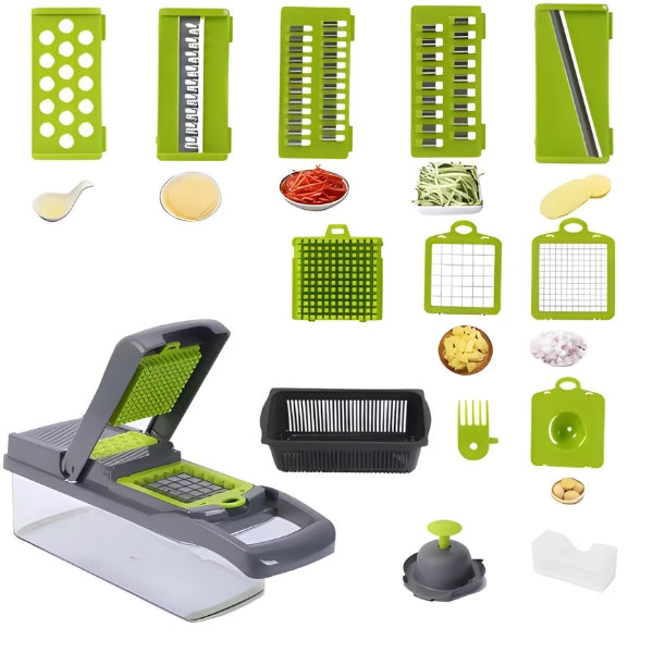 Recipiente coletor transparente incluso, ideal para armazenar legumes e frutas já cortados, garantindo organização e agilidade na cozinha.