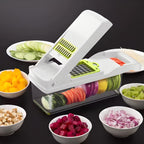 Visualize o Fatiador MasterChef 14 em 1 com todos os acessórios, incluindo lâminas inox, cesto coletor e protetores de mão, ideal para cortar, fatiar e ralar com praticidade.